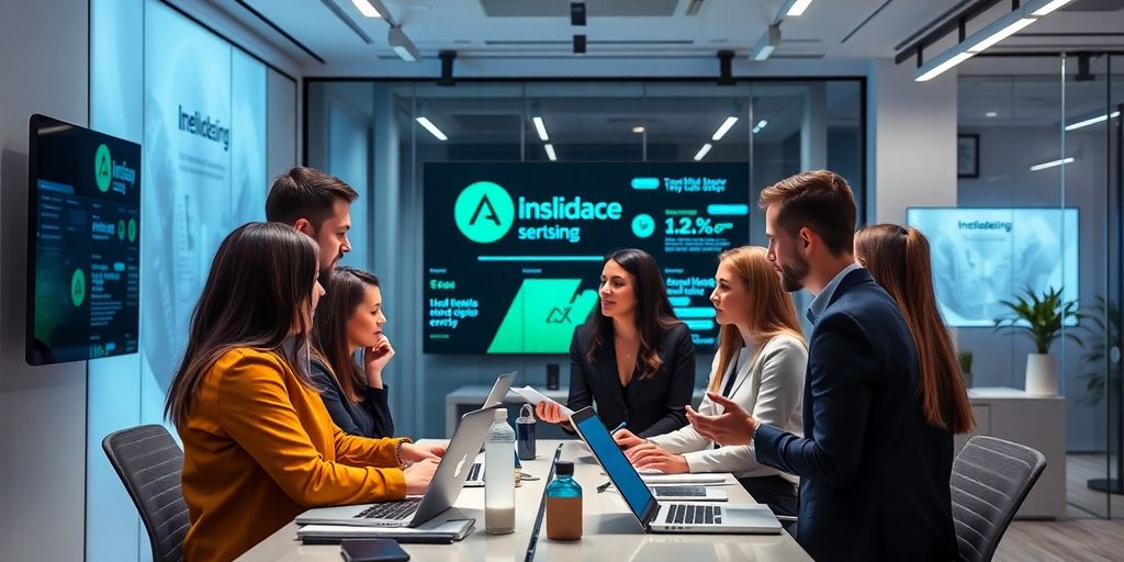 Profissionais de marketing digital em ambiente moderno.