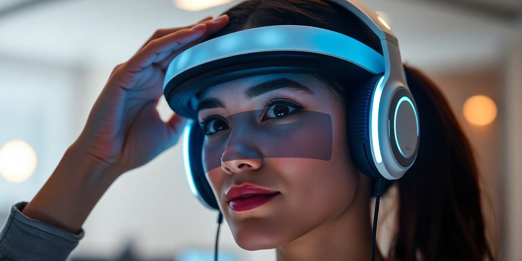 Pessoa testando fones de ouvido multimodais com interface de IA.