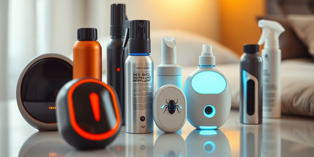 Modern bed bug repellents displayed on a clean surface.
