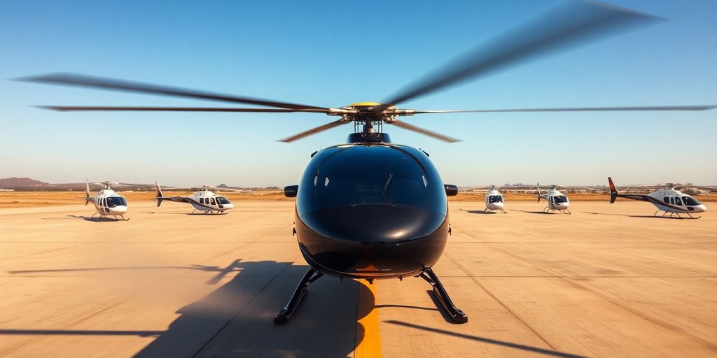 A sleek, modern helicopter takes off from a sunny tarmac.