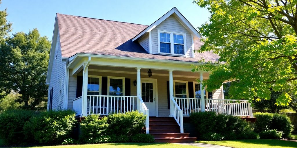 Cozy home with porch and greenery under blue sky.