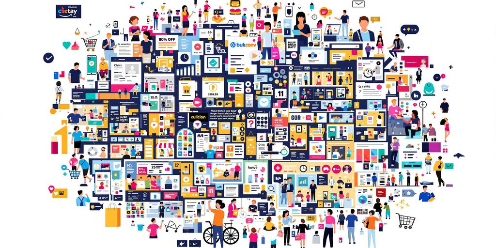 Colorful online shopping elements and engaged customers.