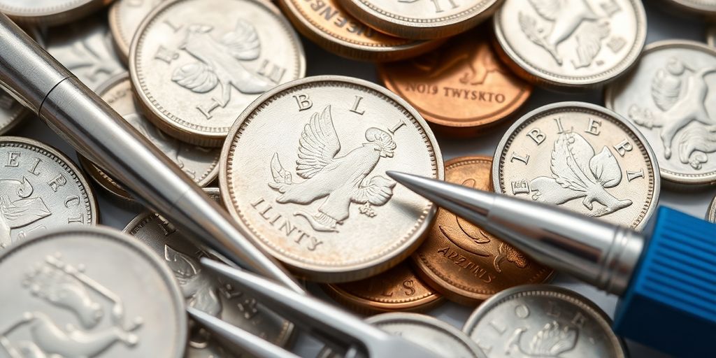 Pièces d'argent et outils d'analyse.