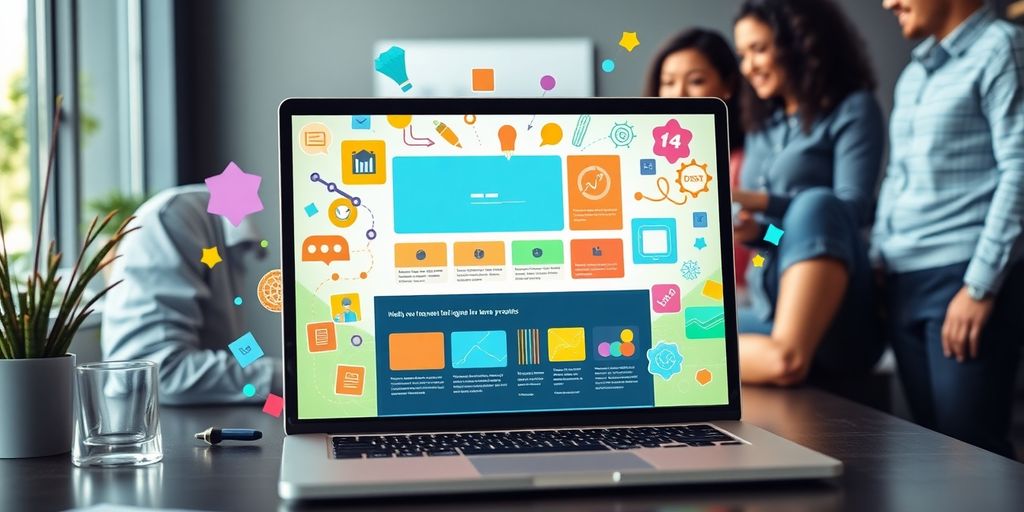 Vibrant website interface on laptop with design elements.