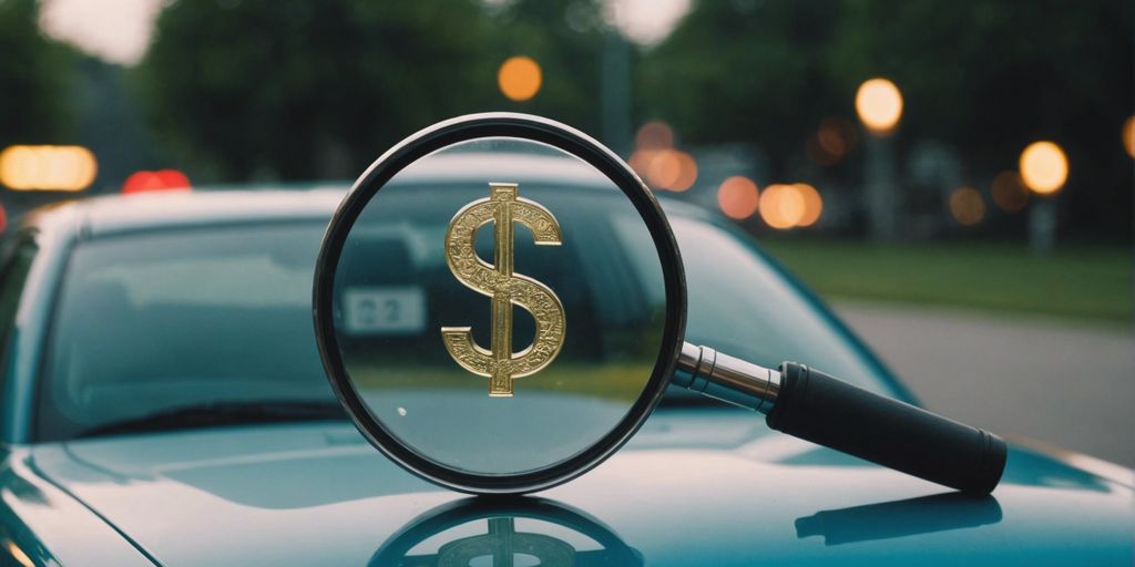 Magnifying glass focusing on a car with a dollar sign, representing the search for affordable auto insurance.