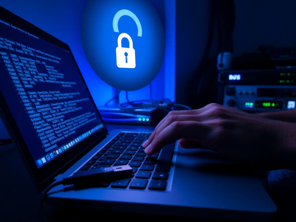 Persoană tastează la laptop cu cabluri și cheie USB securitate