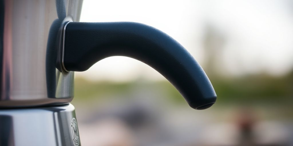 Close-up of a camping coffee percolator's handle.