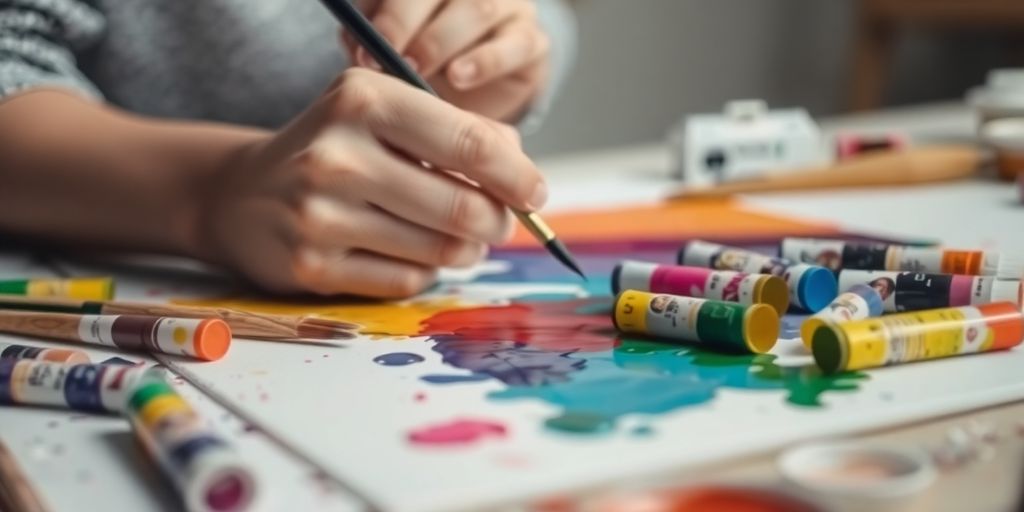 Person painting, surrounded by art supplies.