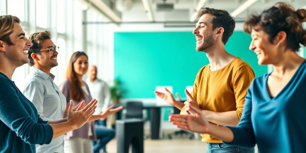 Vrolijke werknemers doen lachyoga in een kantooromgeving.