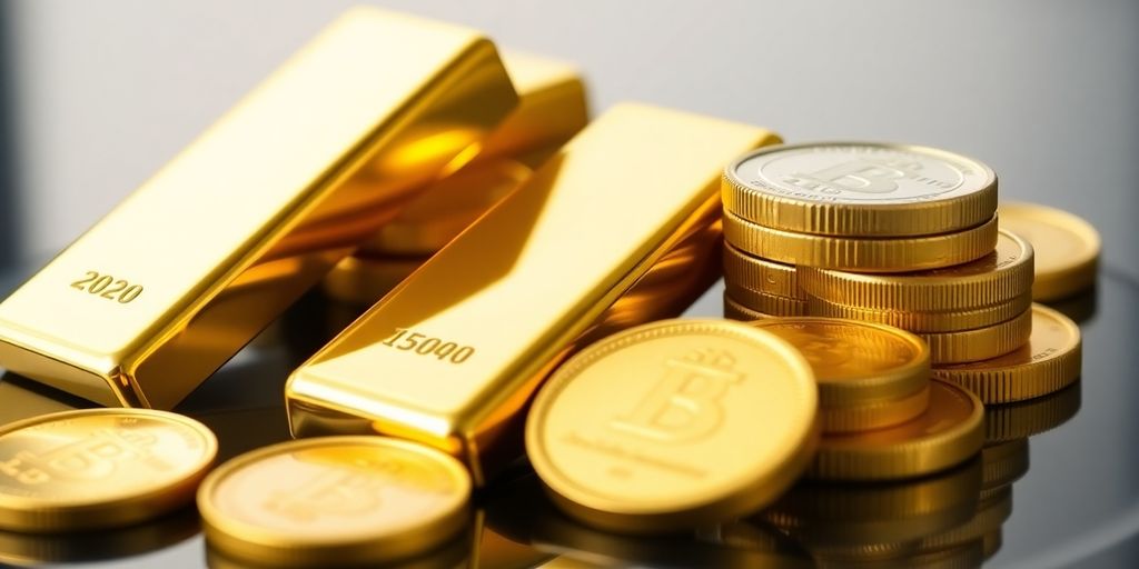 Des barres et pièces d'or sur une surface réfléchissante.