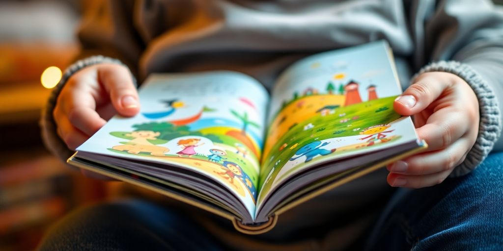 Child reading vibrant picture book.