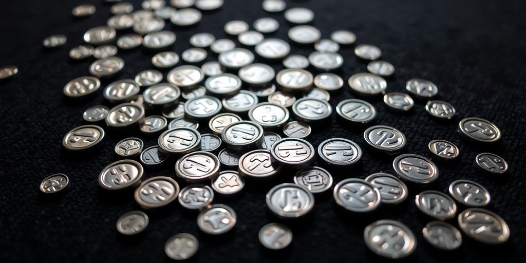 Pièces d'argent brillant dispersées sur une surface sombre.
