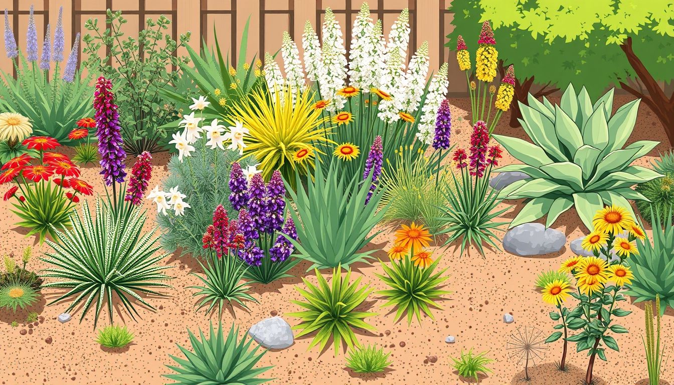 Illustrative garden with drought-tolerant plants and varied microclimates.