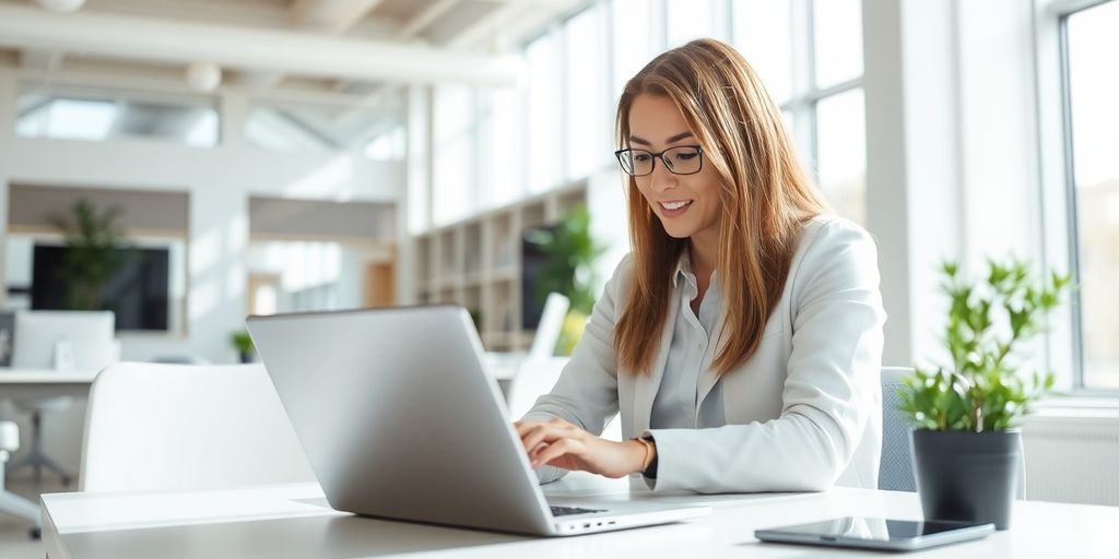 Person using a laptop in a bright, modern office.