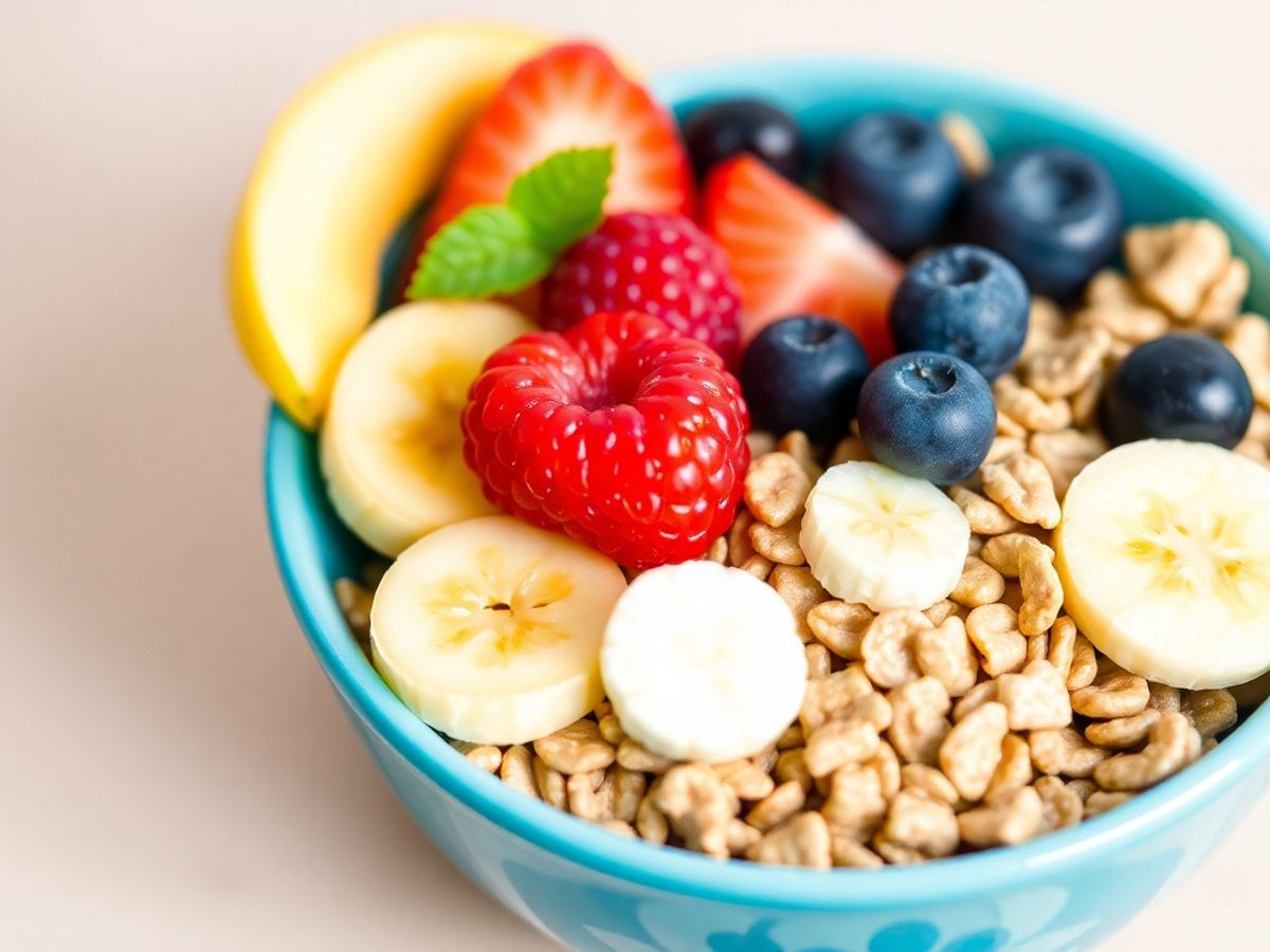 Bol cu cereale integrale și fructe proaspete.