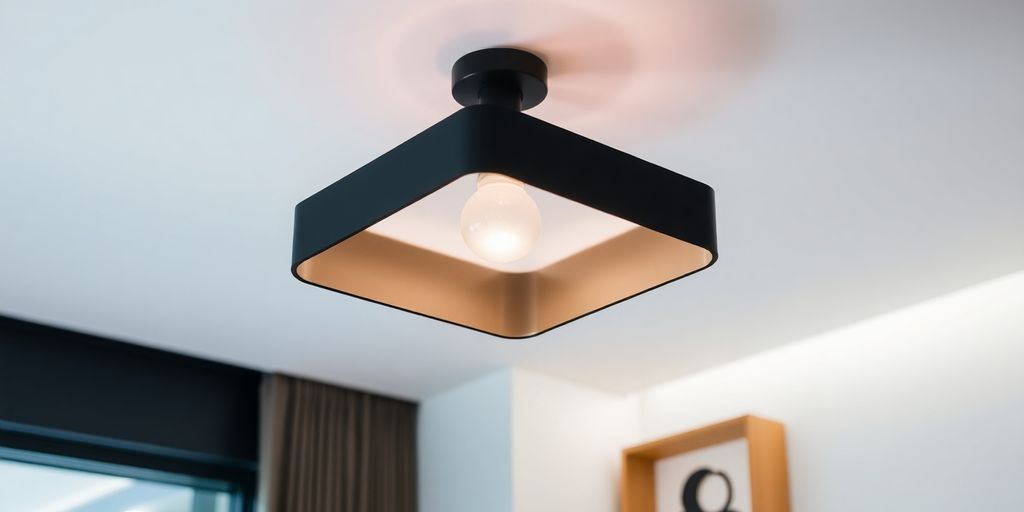 Zwarte plafonnière die een moderne kamer verlicht.