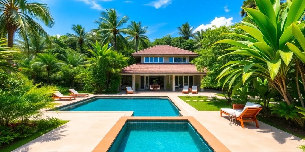 Luxurious villa in Phuket with pool and greenery.