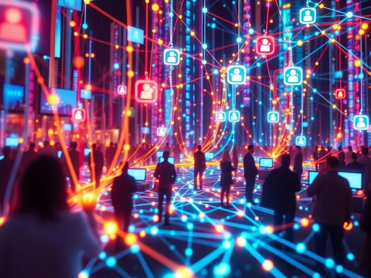 Oameni conectați în fluxuri digitale vibrant.