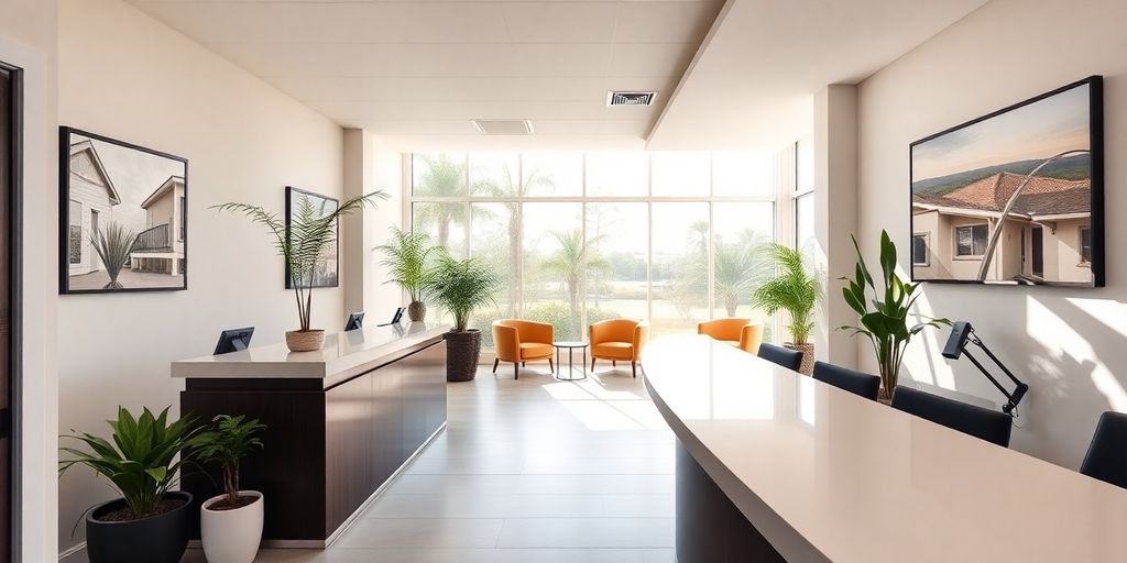 Modern Florida real estate office with welcoming atmosphere.