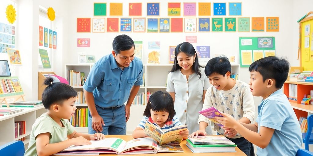 Children learning in a bright Bangkok classroom setting.