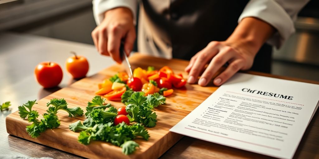 Chef's hands preparing ingredients, resume paper nearby.