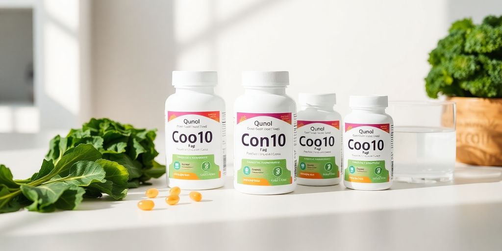 CoQ10 capsules, softgels, and healthy lifestyle.