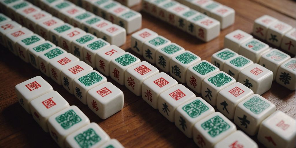 Close-up of authentic Mahjong tiles with intricate designs, arranged on a wooden table, perfect for enthusiasts.