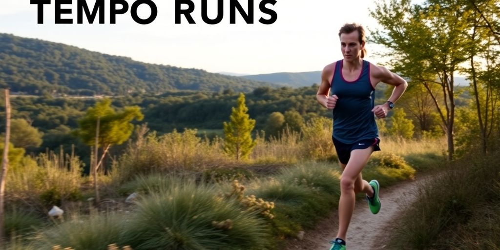 Runner in motion on a scenic trail during tempo run.