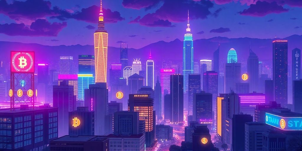 Vibrant asian city skyline with digital currency elements.