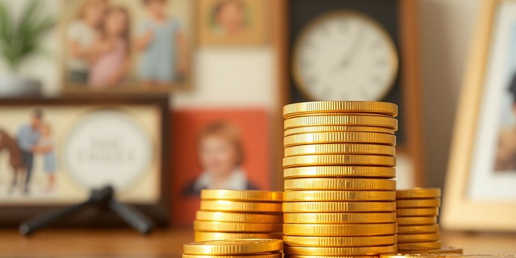 Pièces d'or sur une table avec souvenirs familiaux.