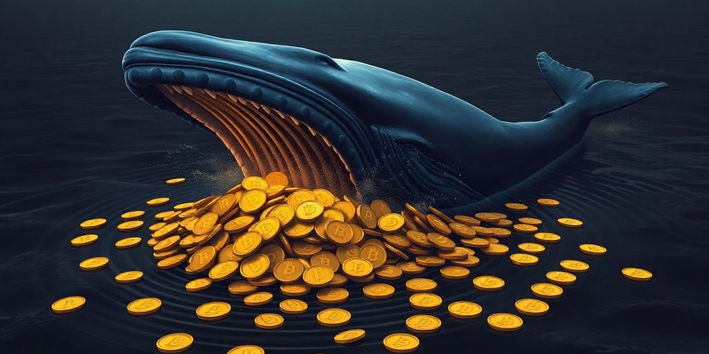 Large whale crashing into Bitcoin coins