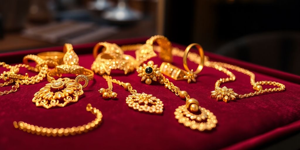 Bijoux en or sur un fond en velours.