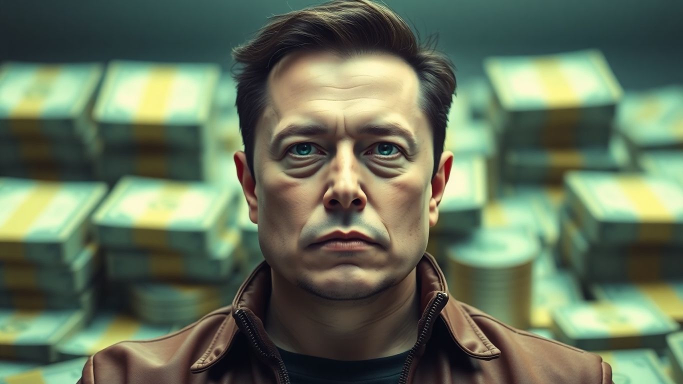 Elon Musk with a backdrop of wealth and technology.