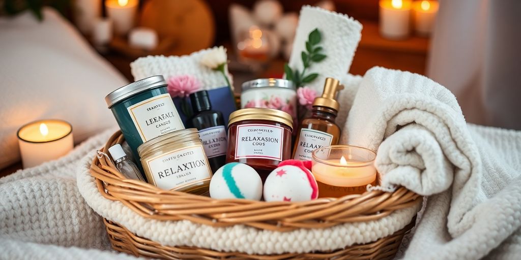 Gift basket with relaxation and self-care products.