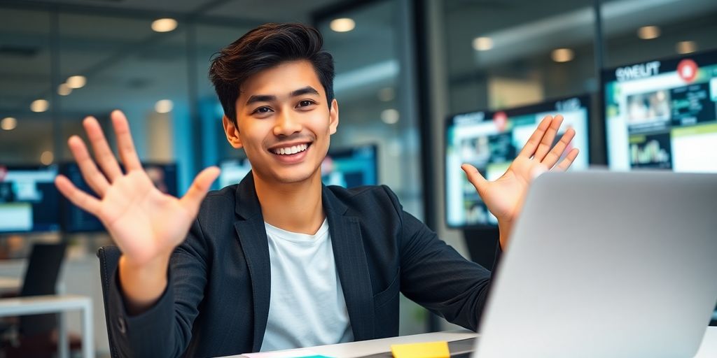 Marketer at computer presenting ideas