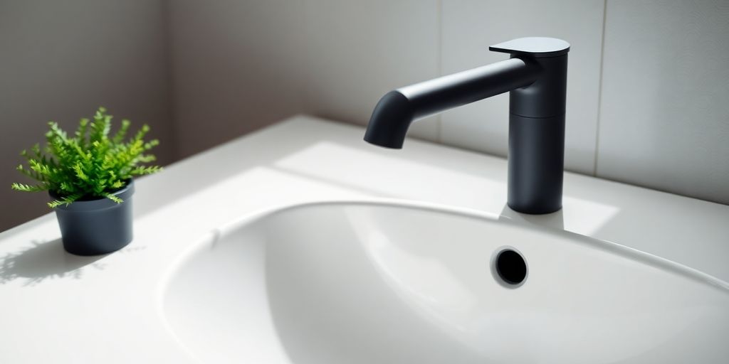 Matte black tap, modern white sink, green plant, soft light.