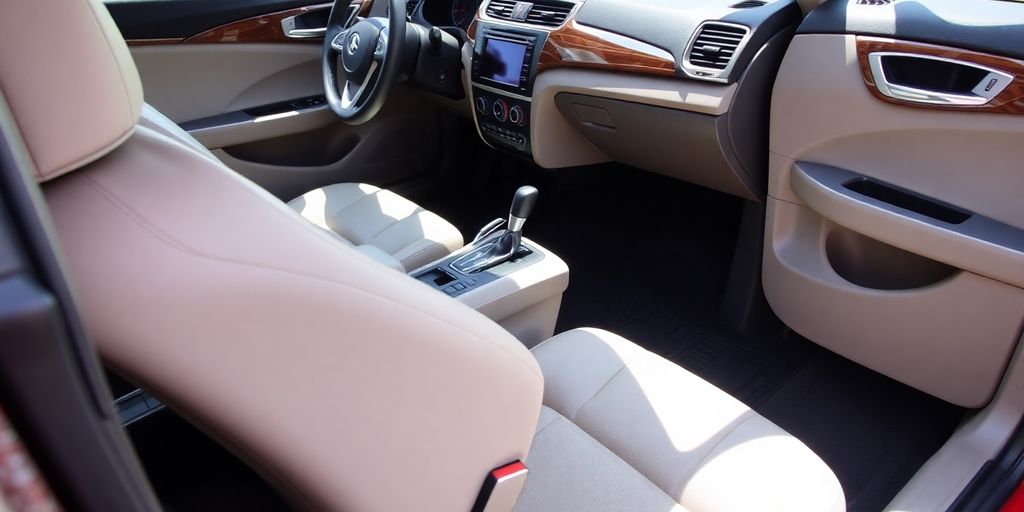 Interior of a spotless, clean car with tidy features.