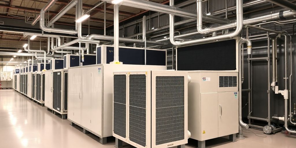 Industrial refrigeration system in a modern factory setting.