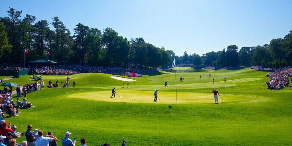 Golfers competing on a beautiful PGA Tour golf course.