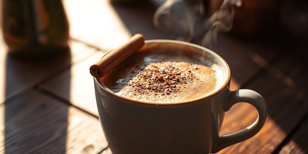 Coffee cup on rustic wooden table.