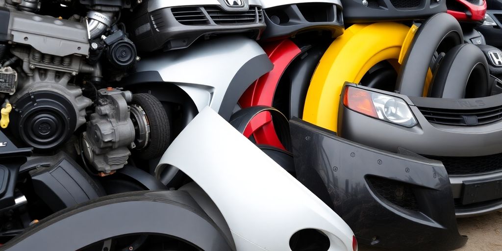 Array of Honda spare parts at a car wrecker.