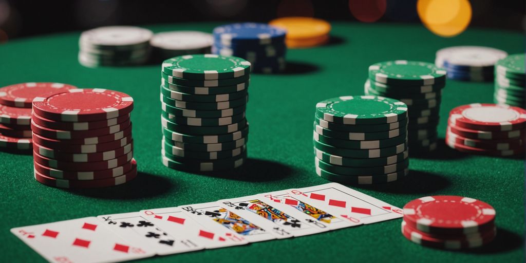Poker Mahjong tiles with cards and chips on table.