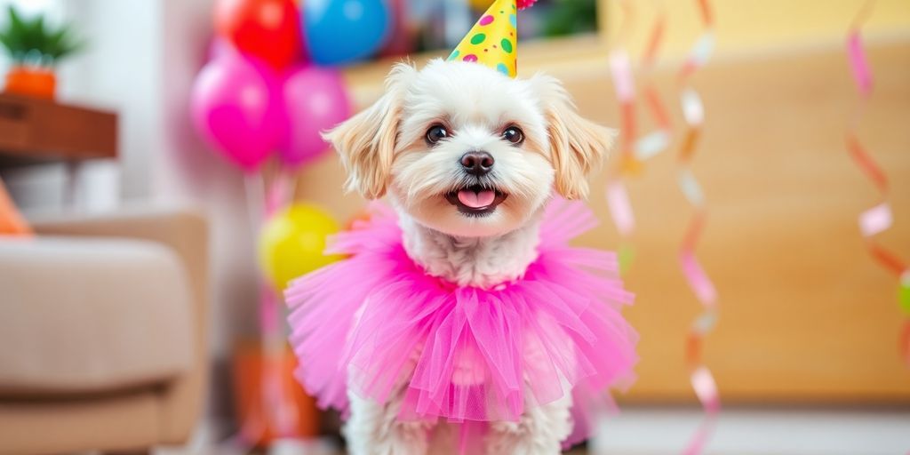 Dog in pink tutu, party hat