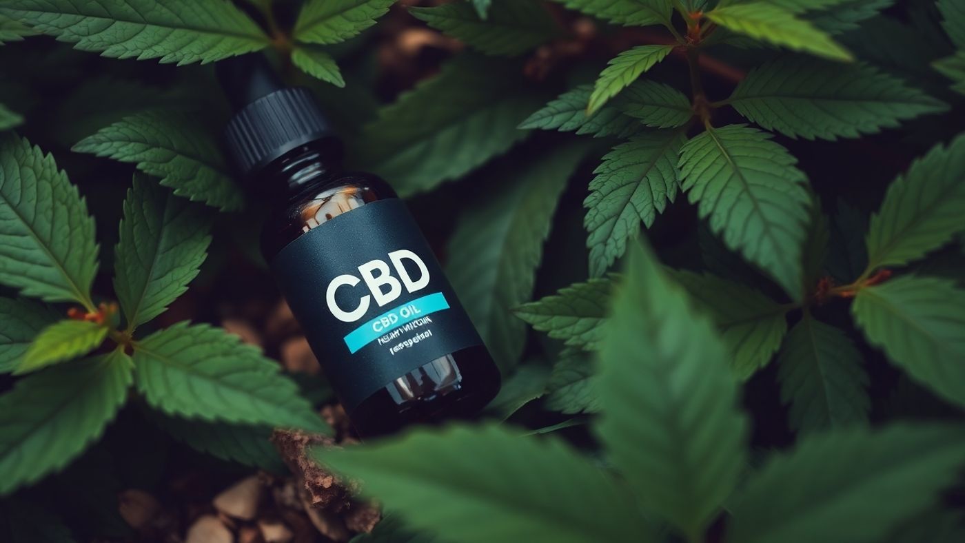 CBD oil bottle with green leaves in a natural setting.