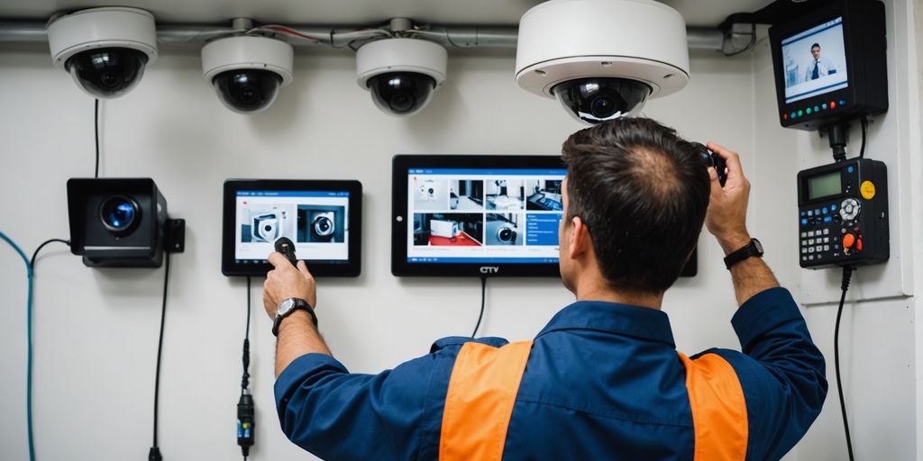 Technician inspecting CCTV camera with tools around.