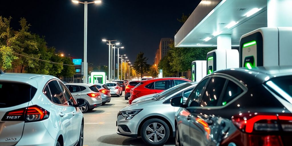 Busy EV charging station with multiple vehicles plugged in.