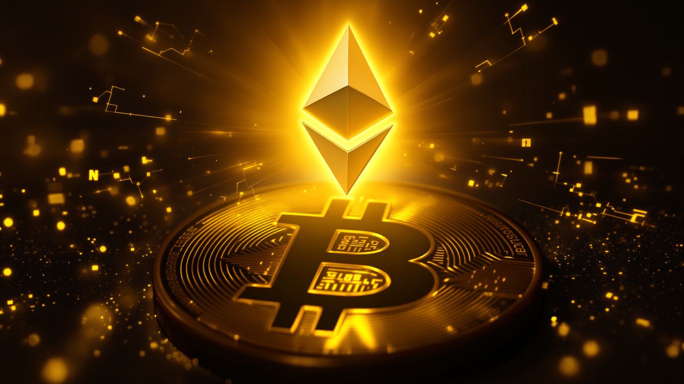 Ethereum logo eclipsing Bitcoin logo with golden light.
