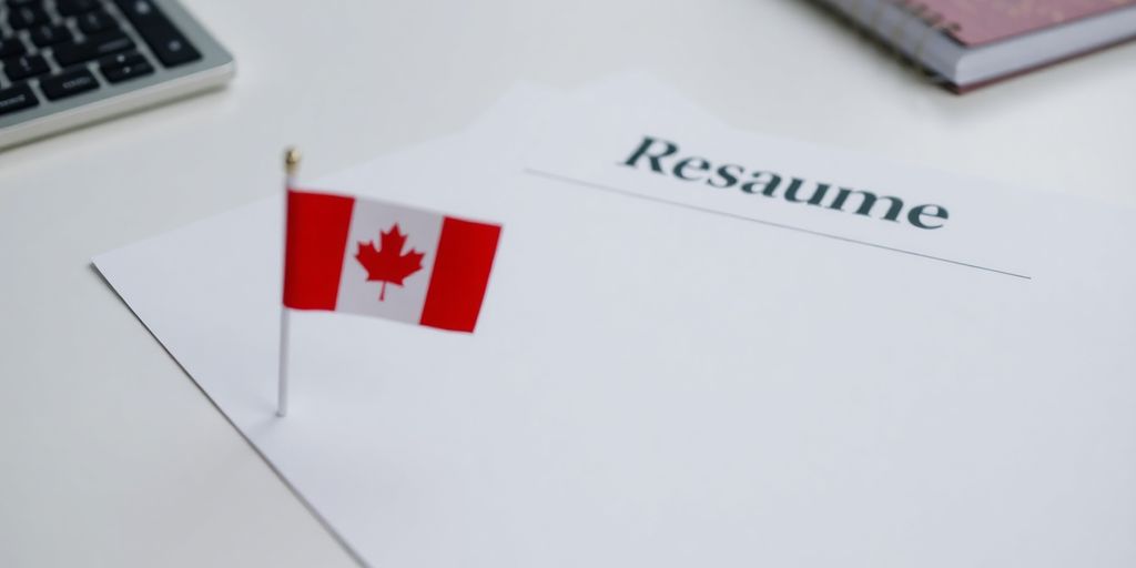 Polished resume on desk, Canadian flag
