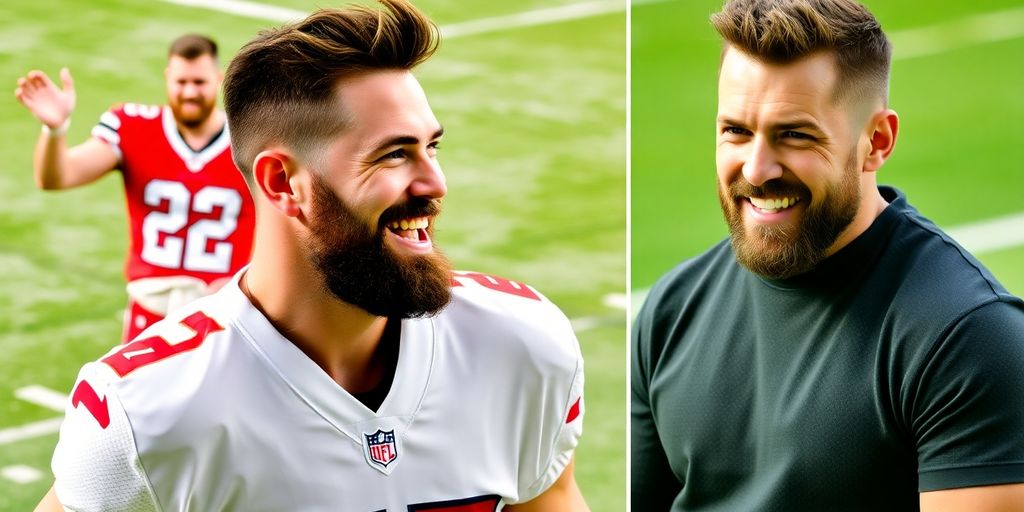 Kelce playing football, celebrating, and smiling.