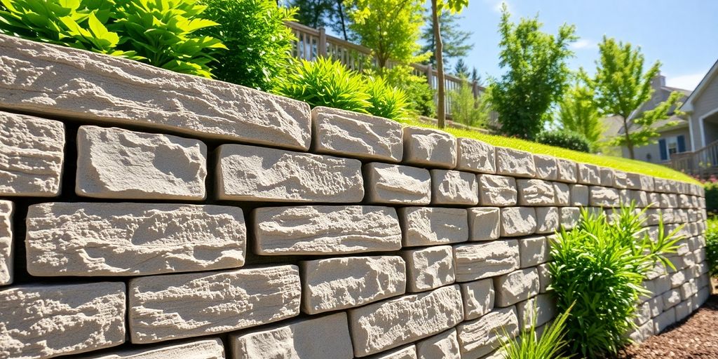 Completed retaining wall, lush garden, sunny Ottawa day.